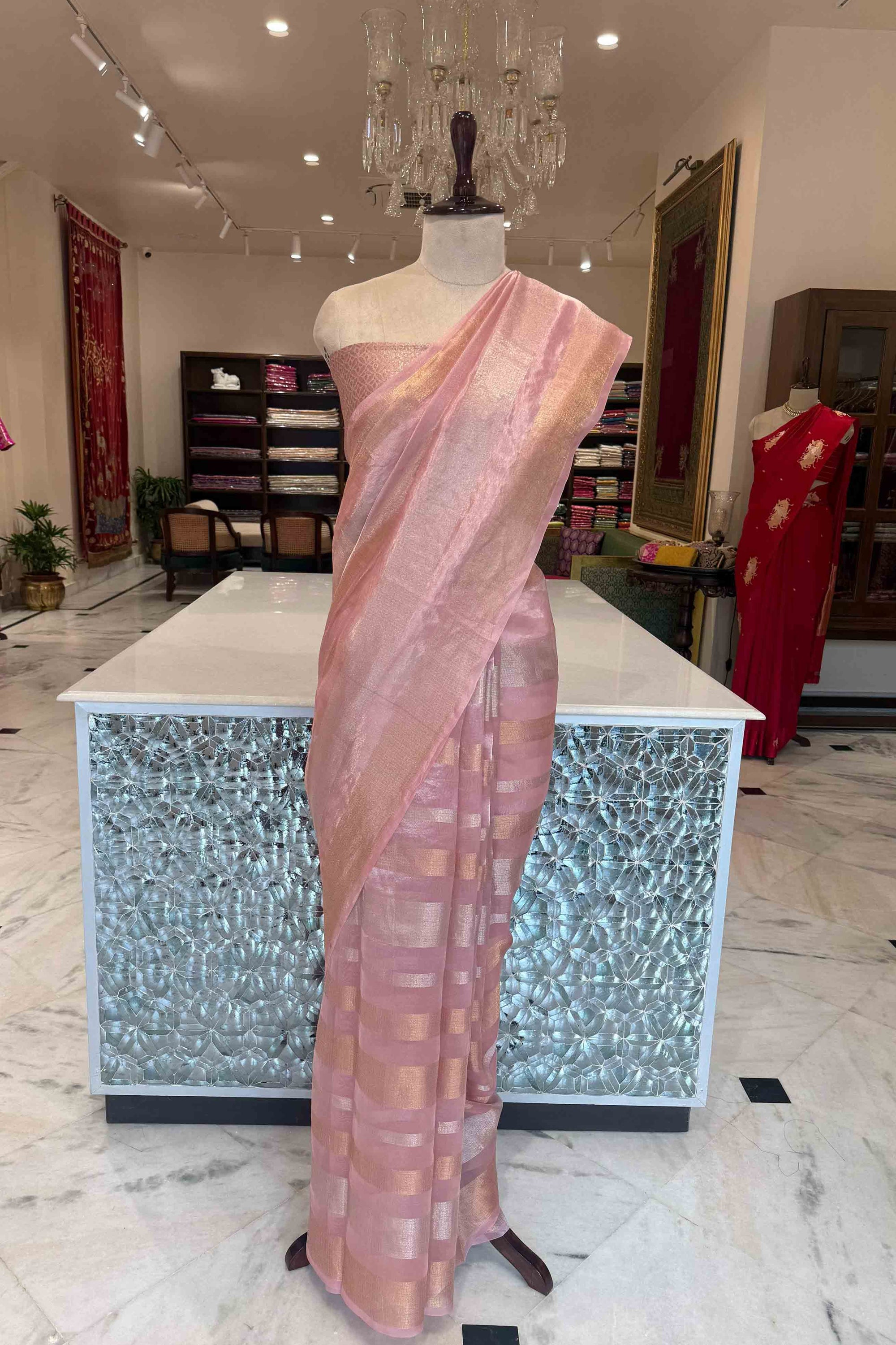 Pink Handwoven Banarasi Tissue Silk Saree