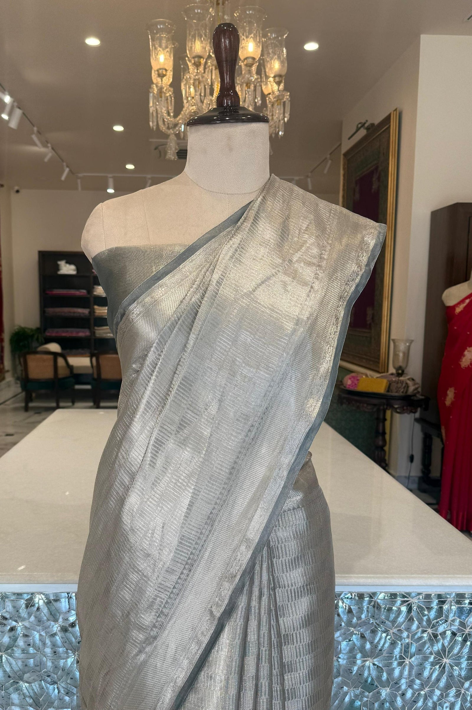 Grey Handwoven Banarasi Tissue Silk Saree