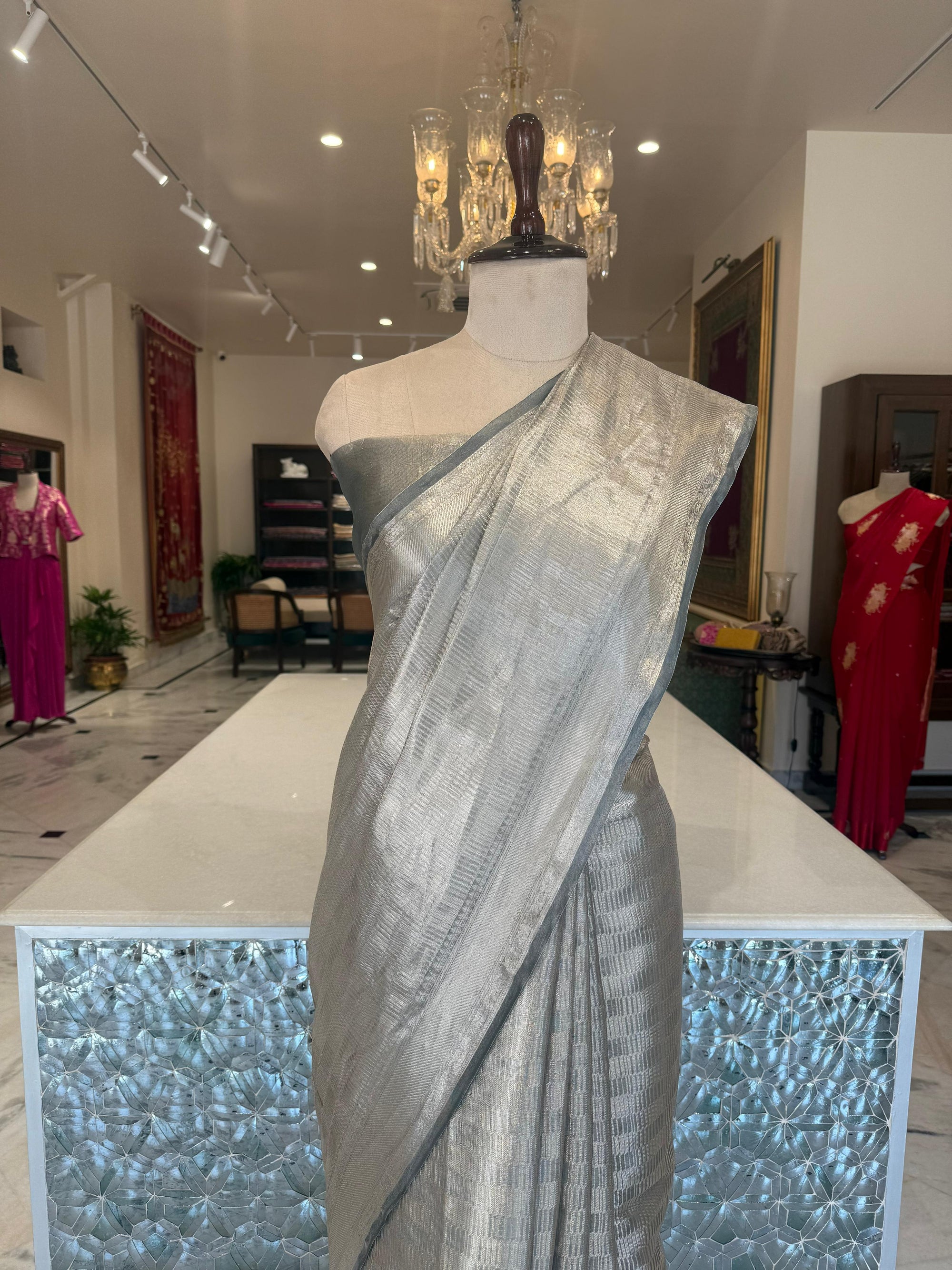 Grey Handwoven Banarasi Tissue Silk Saree