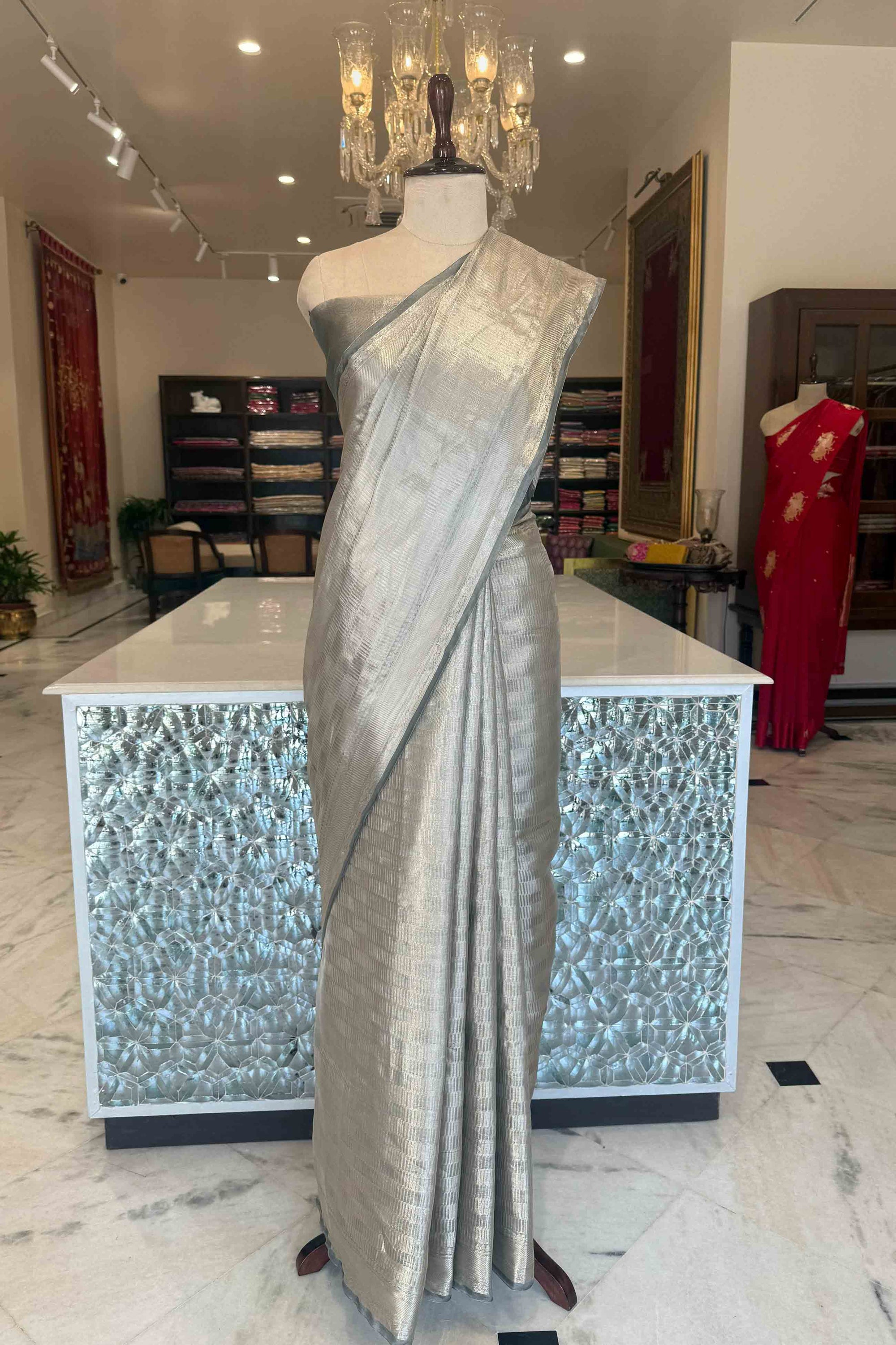 Grey Handwoven Banarasi Tissue Silk Saree