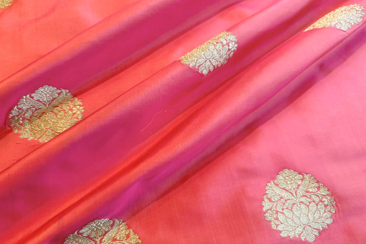 Orange Pink Handwoven Banarasi Silk Fabric
