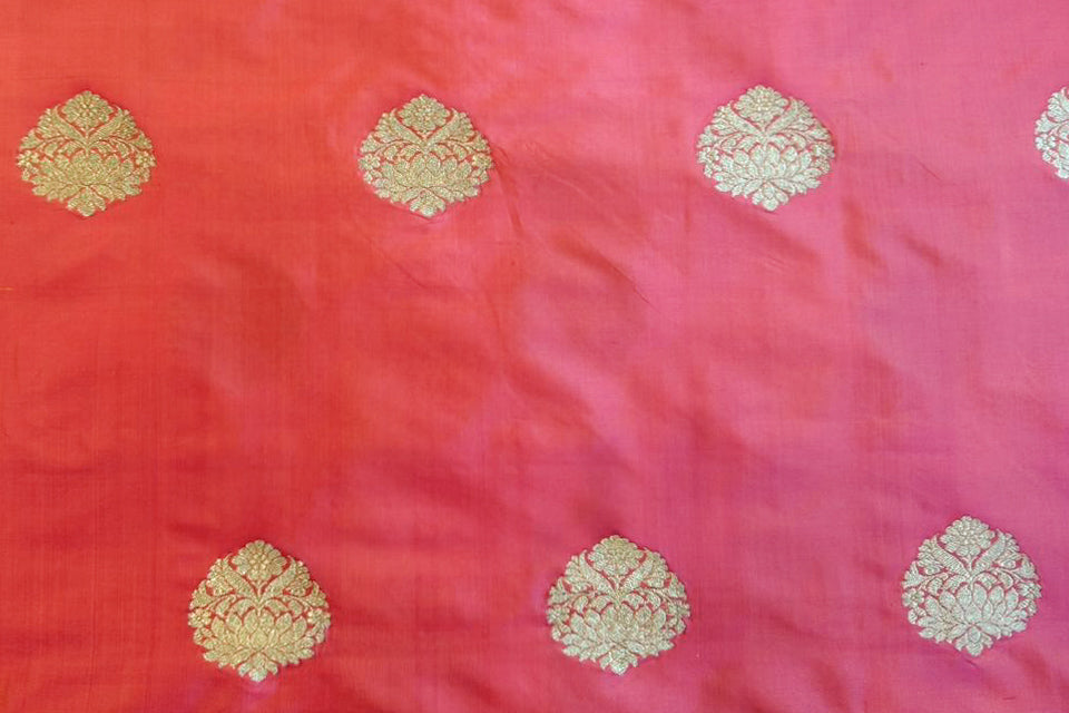 Orange Pink Handwoven Banarasi Silk Fabric
