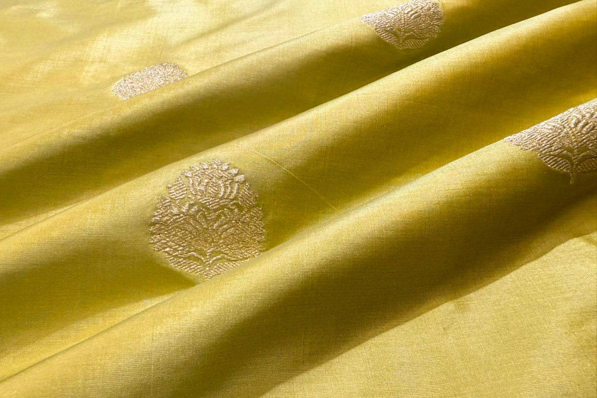 Yellowish Green Handwoven Banarasi Silk Fabric