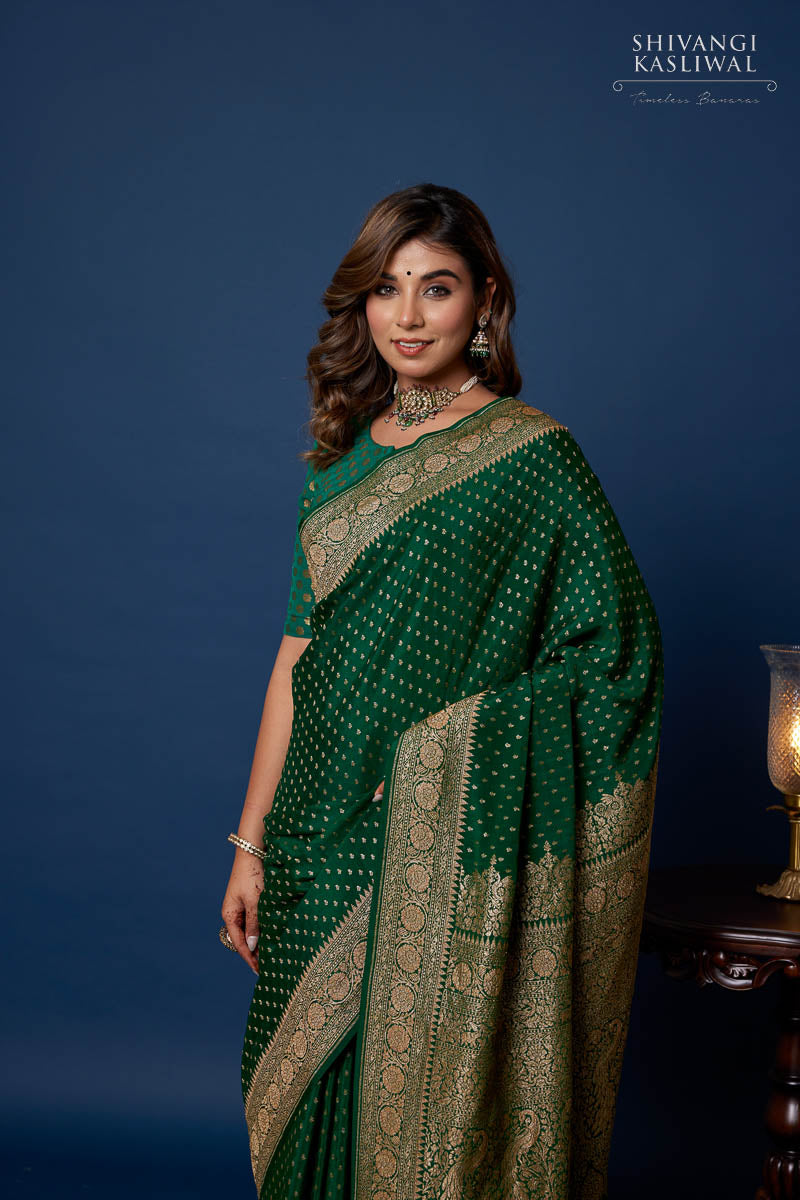 Green Color Banarasi Silk Saree With Bandhani Minakari Zari Woven Patt –  BEST SAREE