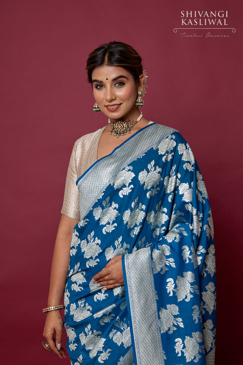 Teal Soft Banarasi Silk Saree with silk blouse