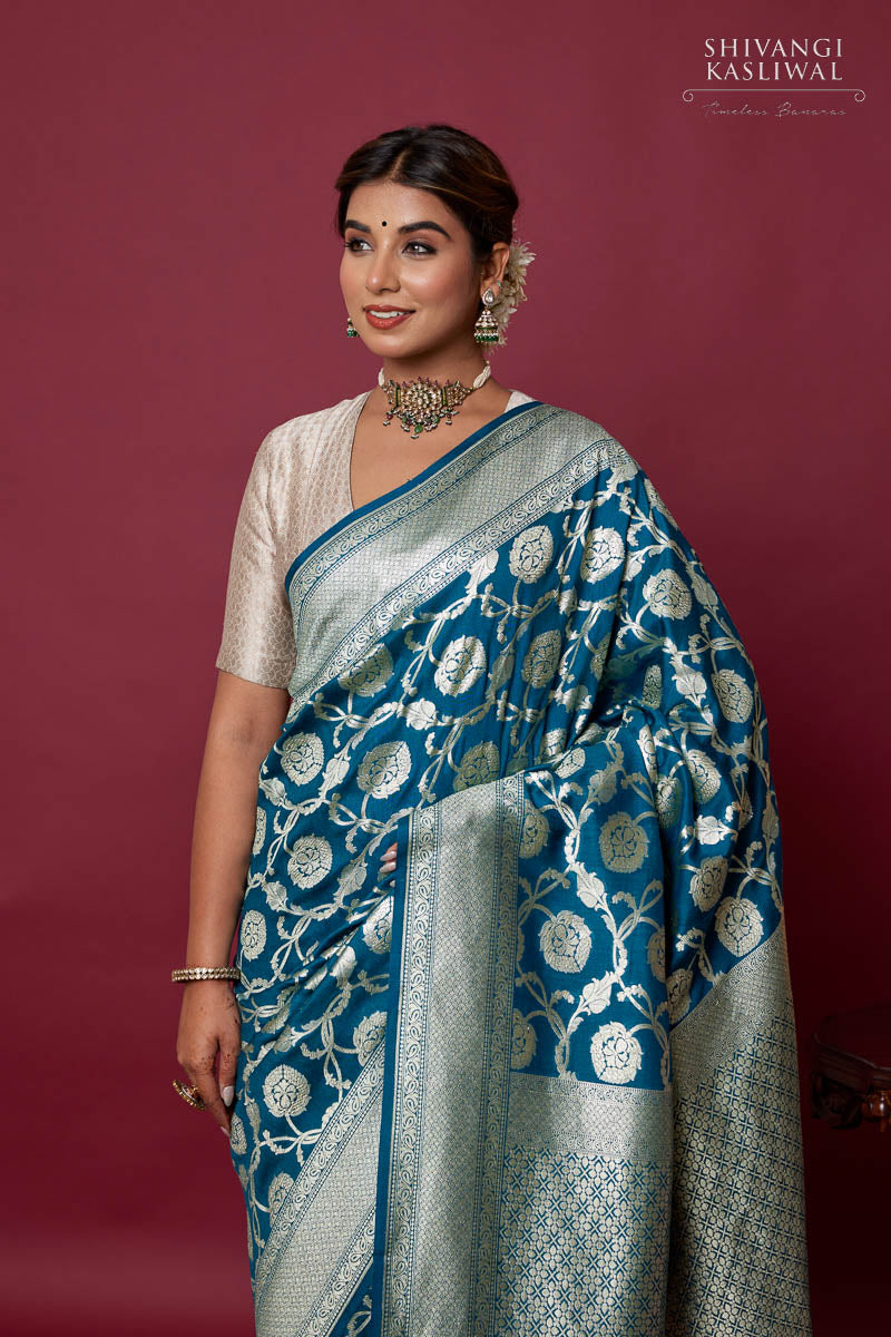 Blue Katan Silk Handloom Banarasi Saree with Kadhwa Weave and Jangla D –  WeaverStory