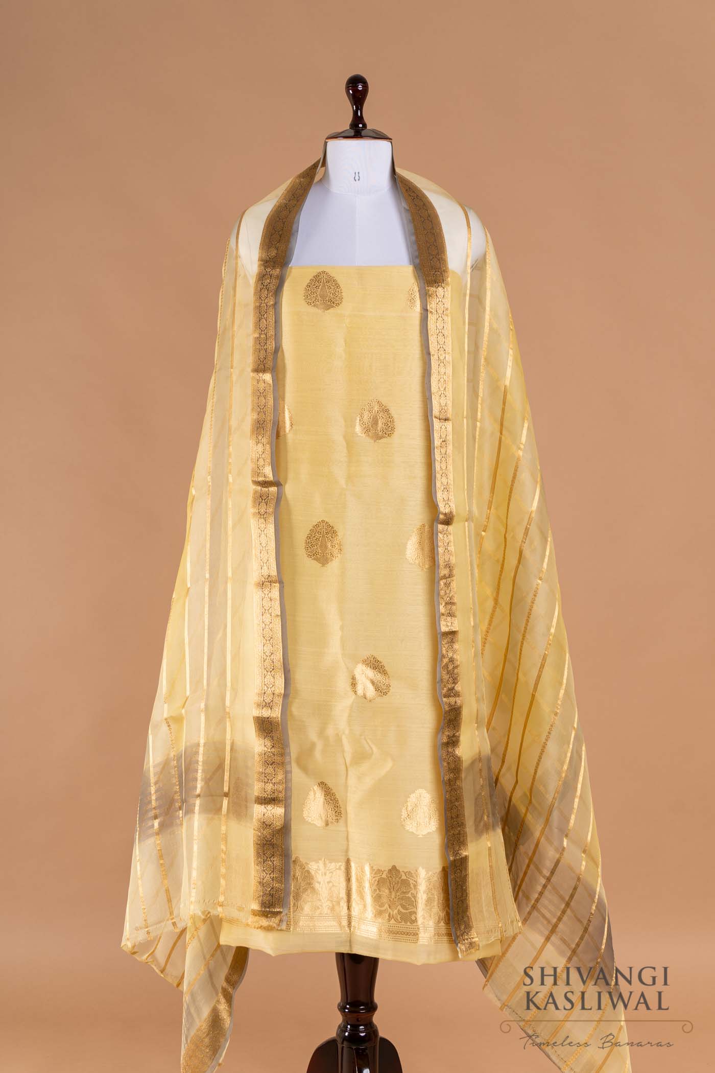 Light Yellow Handwoven Banarasi Kora Cotton Suit Piece