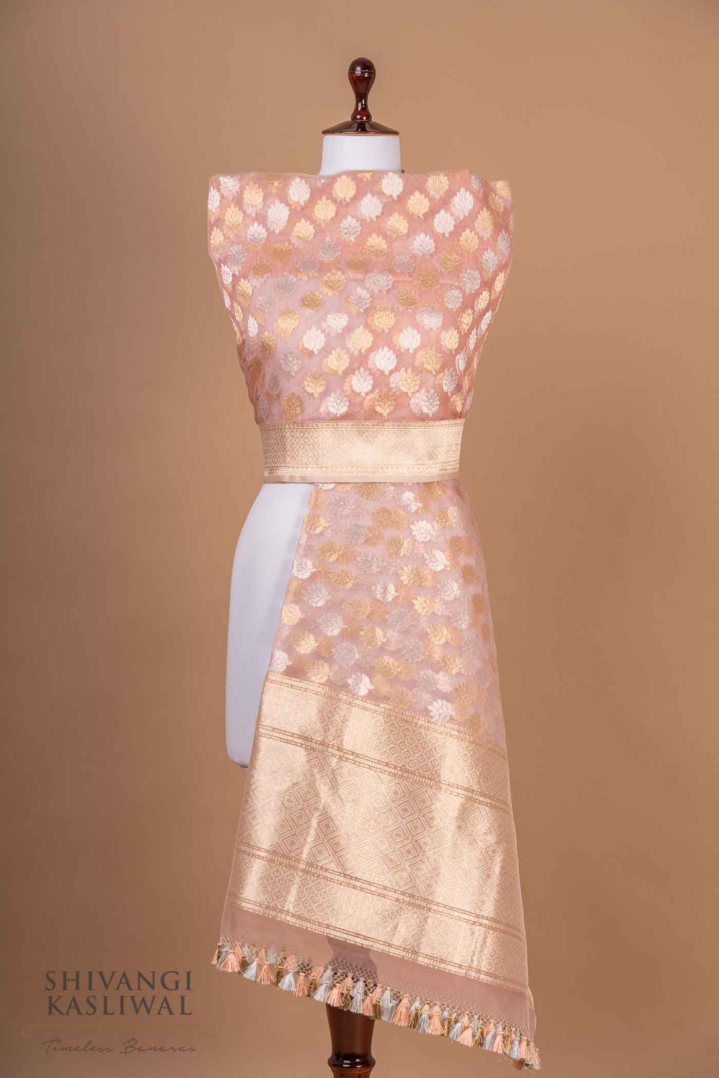 Pink Handwoven Banarasi Kadhua Net Dupatta