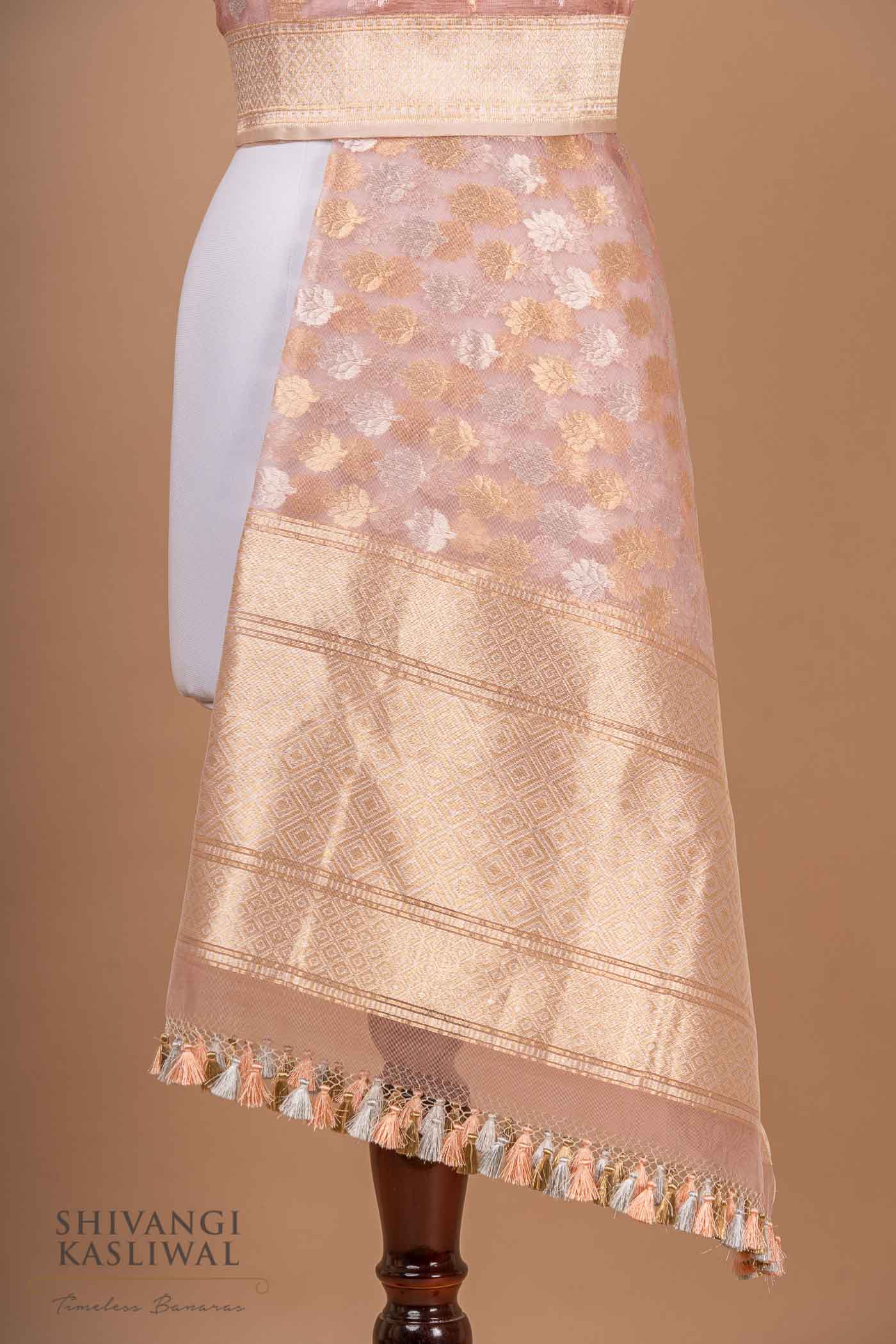 Pink Handwoven Banarasi Kadhua Net Dupatta