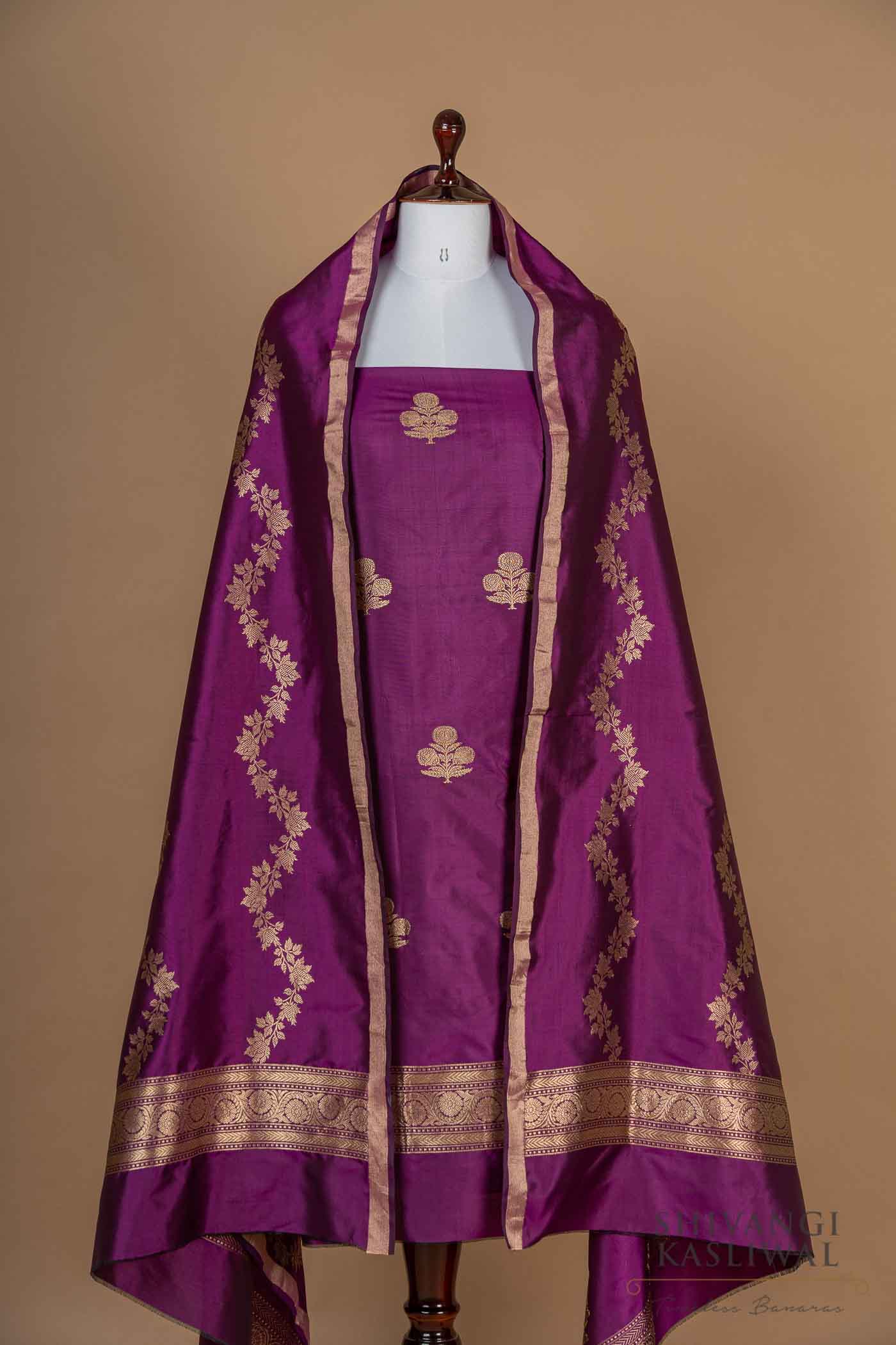 Purple Dual Tone Handwoven Banarasi Silk Suit Piece