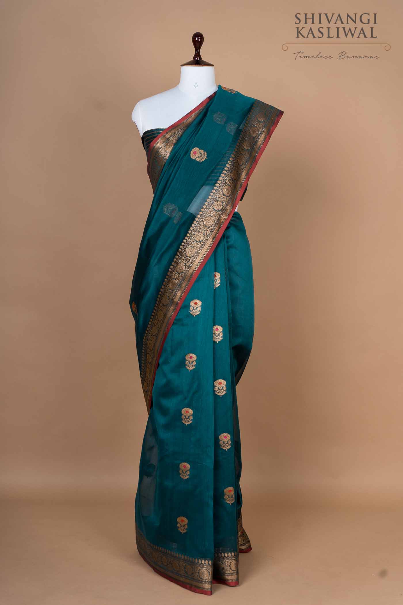 Peacock Blue Handwoven Banarasi Chanderi Silk Saree