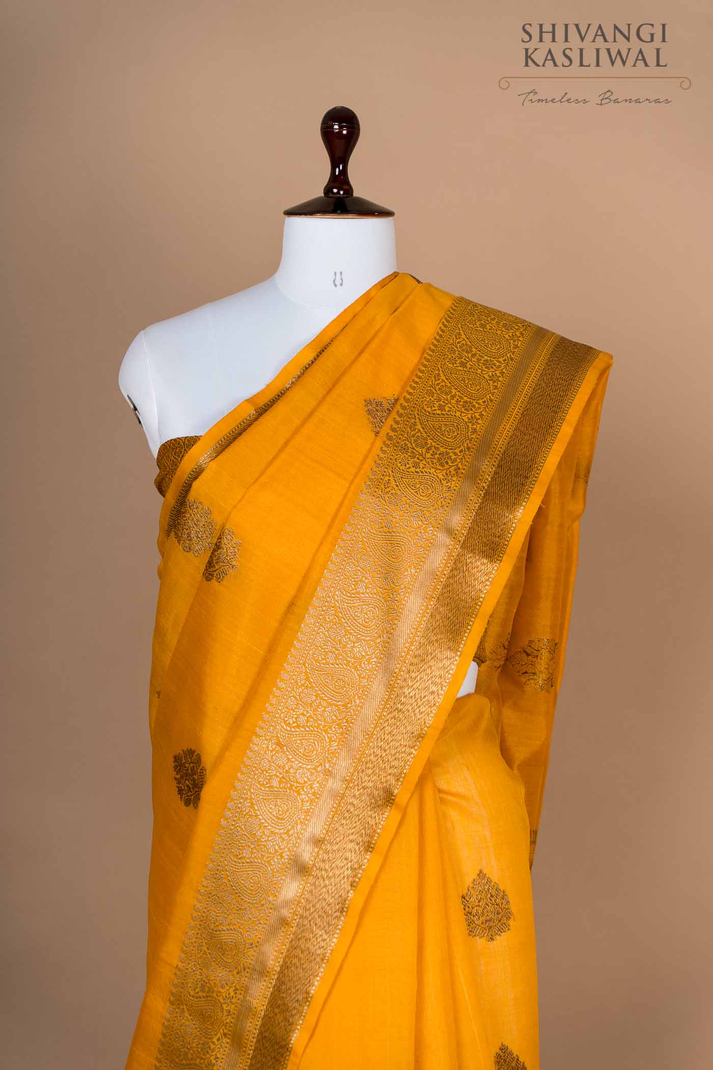Orange Yellow Handwoven Banarasi Tussar Silk Saree