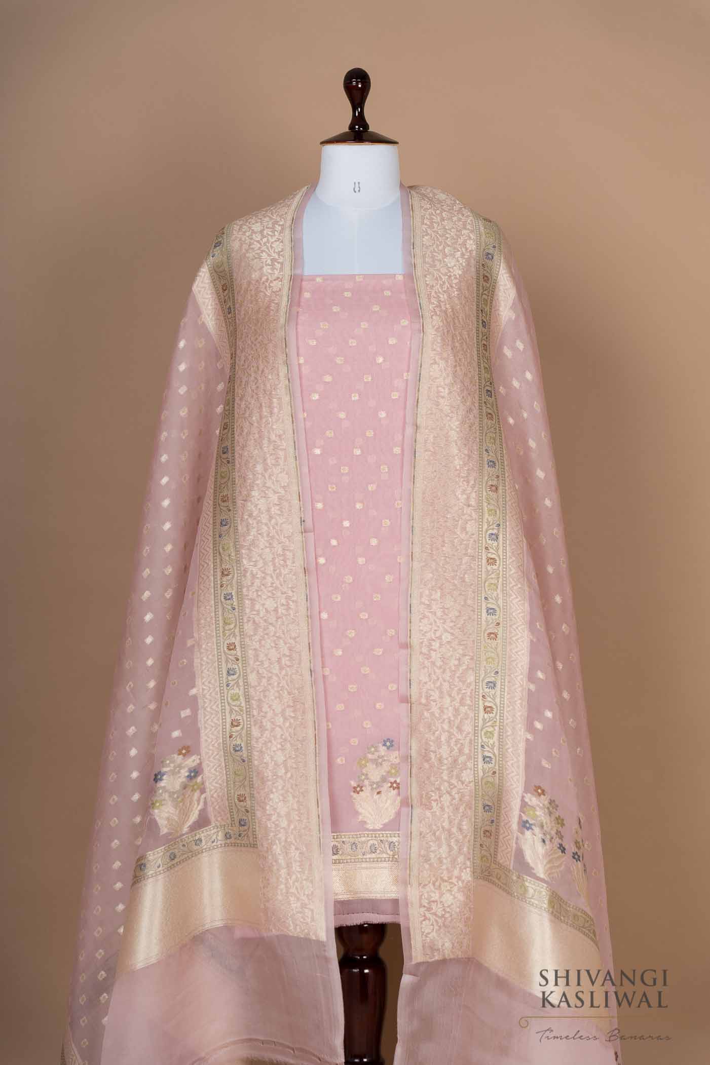Baby Pink Handwoven Banarasi Georgette Suit Piece