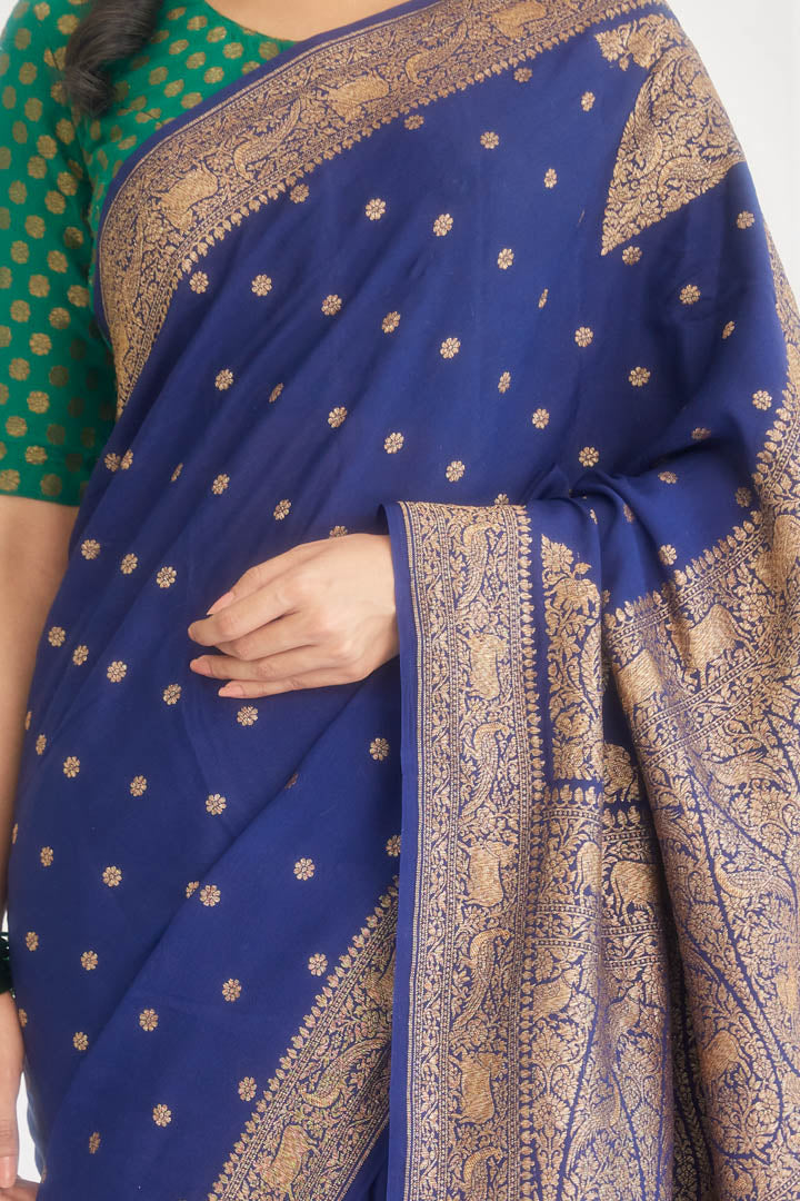 Navy Blue Handwoven Banarasi Crepe Silk Saree