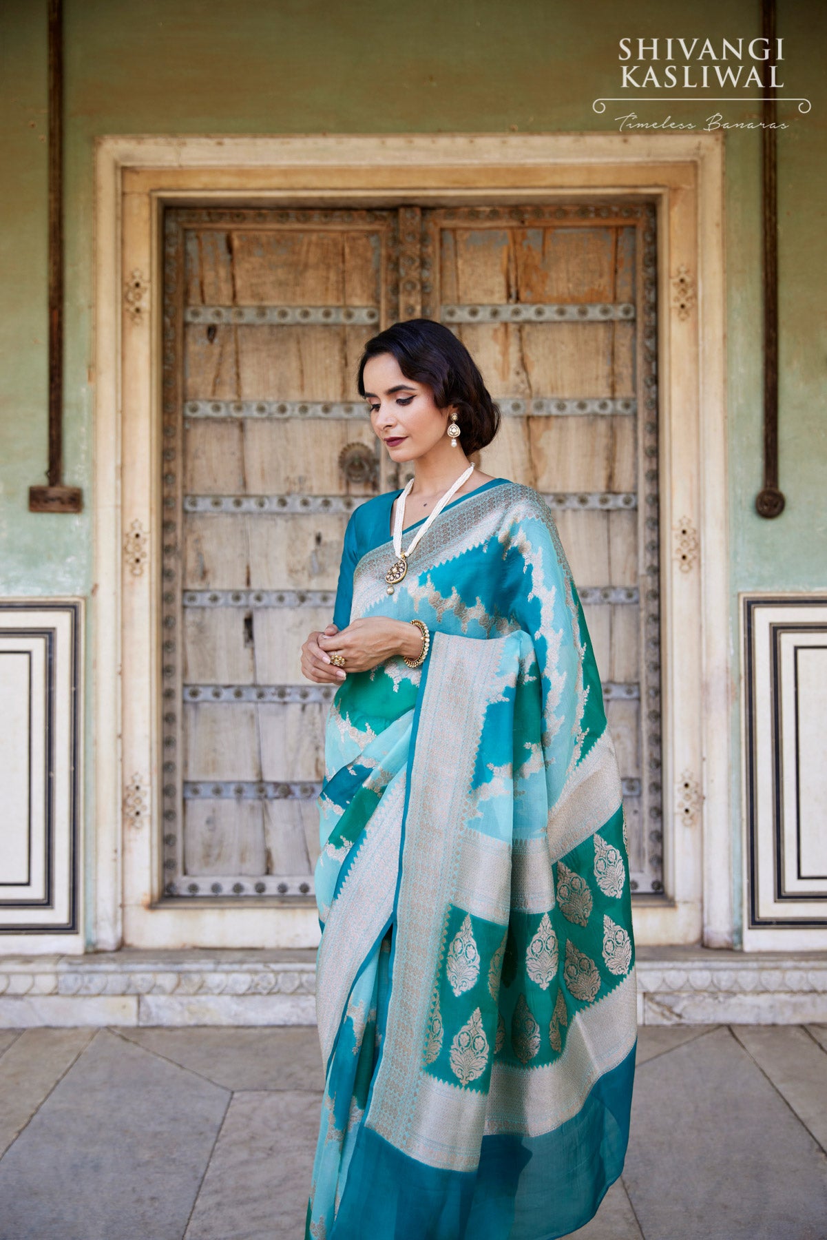 Blue Green Handwoven Banarasi Organza Silk Saree