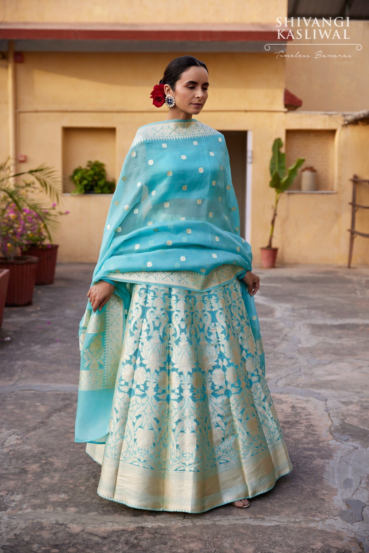 Turquoise Blue Banarasi Organza Silk Lehenga