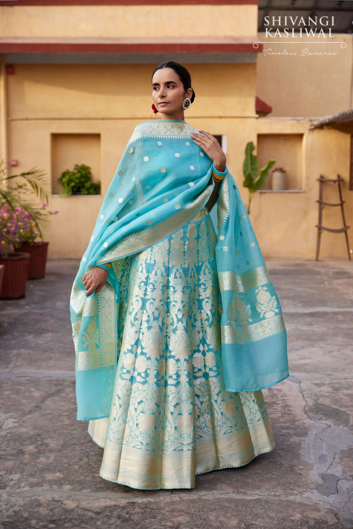 Turquoise Blue Banarasi Organza Silk Lehenga