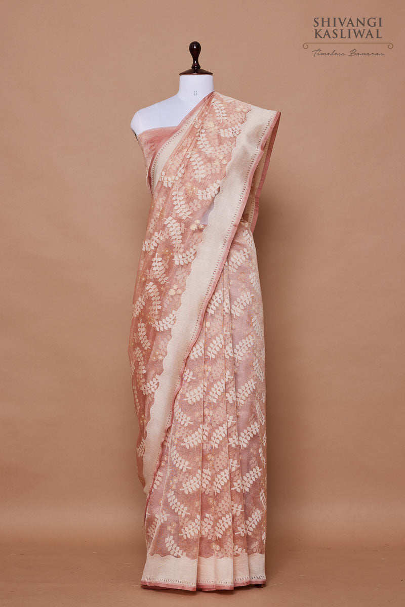 Peach Handwoven Banarasi Net Tissue Silk Saree
