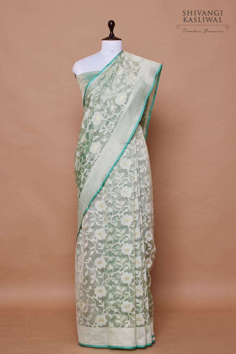 Aqua Blue Handwoven Banarasi Net Tissue Silk Saree